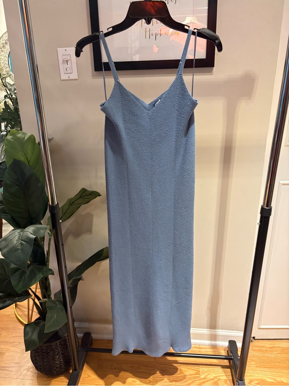 Freshman Blue V-Neck Long Ribbed Knit Strappy Slip Midi Dress - Size M